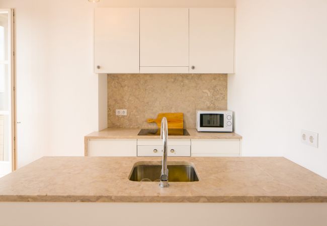 marble kitchen in a luxury apartment with terrace