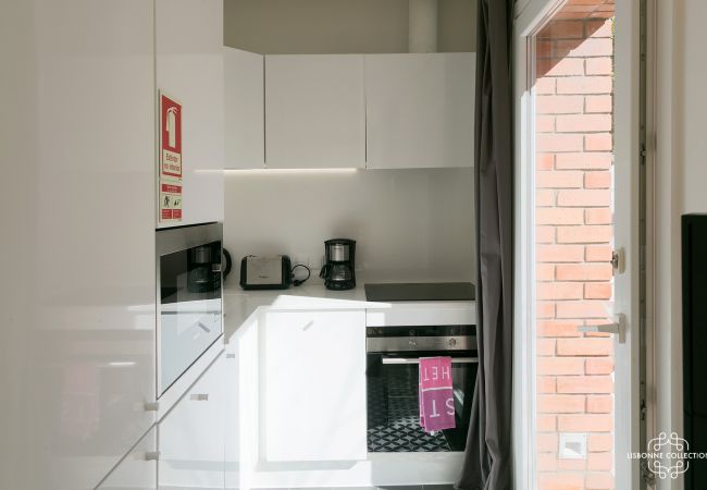 Fully equipped kitchen with access to an esplanade. Garden overlooking the Tagus