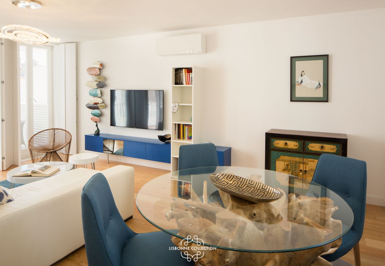 Gigantic living room with summer furniture color sea blue 